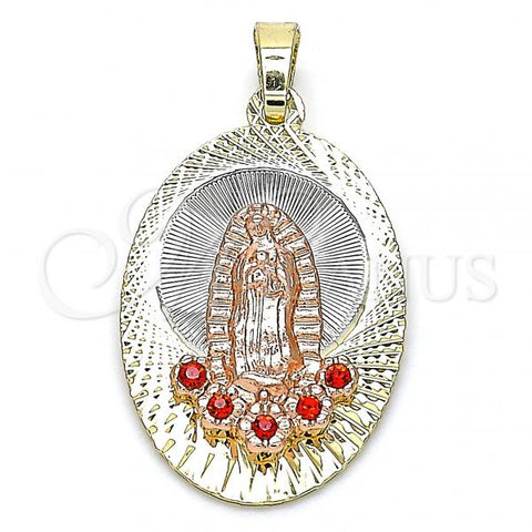 Oro Laminado Religious Pendant, Gold Filled Style Guadalupe and Flower Design, with Garnet Crystal, Diamond Cutting Finish, Tricolor, 05.380.0108
