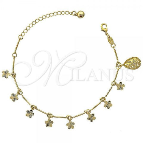 Oro Laminado Charm Bracelet, Gold Filled Style Flower and Teardrop Design, with White Cubic Zirconia, Diamond Cutting Finish, Golden Finish, 5.033.010