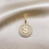 Oro Laminado Fancy Pendant, Gold Filled Style Money Sign Design, with White Micro Pave, Polished, Golden Finish, 05.342.0137