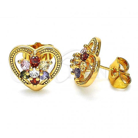 Oro Laminado Stud Earring, Gold Filled Style Heart and Flower Design, with Multicolor Cubic Zirconia, Polished, Golden Finish, 02.387.0080.1