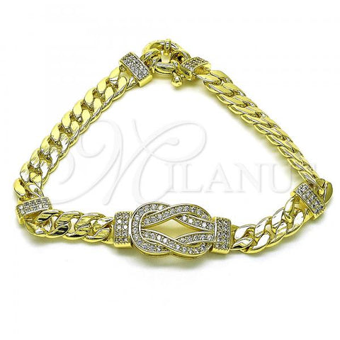 Oro Laminado Fancy Bracelet, Gold Filled Style Concave Cuban and Infinite Design, with White Micro Pave, Polished, Golden Finish, 03.403.0004.07