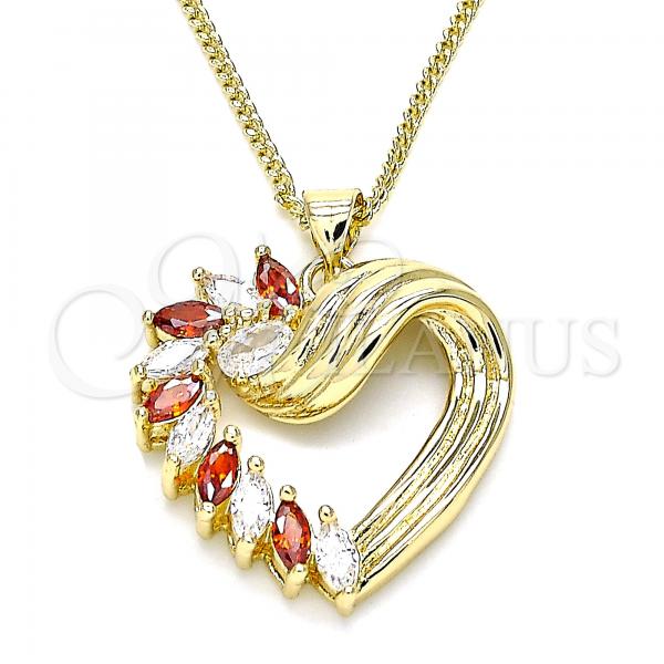 Oro Laminado Pendant Necklace, Gold Filled Style Heart Design, with Garnet and White Cubic Zirconia, Polished, Golden Finish, 04.213.0006.1.20