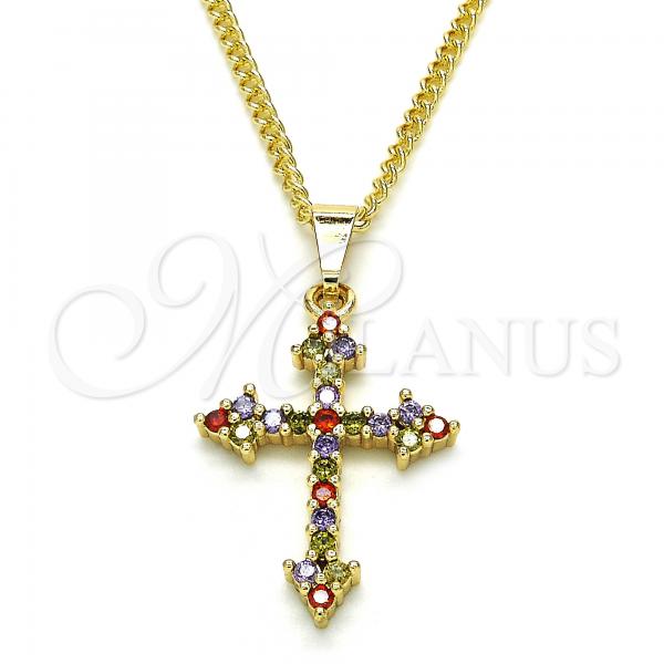 Oro Laminado Pendant Necklace, Gold Filled Style Cross Design, with Multicolor Cubic Zirconia, Polished, Golden Finish, 04.284.0010.3.22