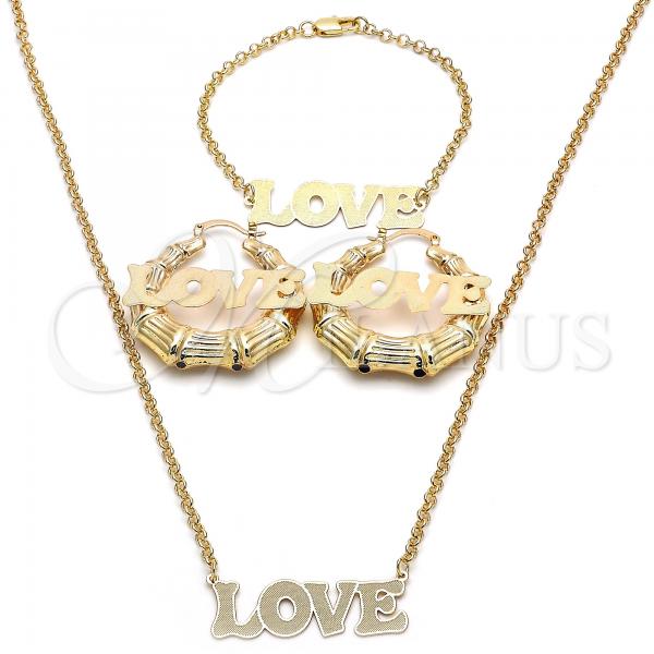 Oro Laminado Necklace, Bracelet and Earring, Gold Filled Style Love Design, Polished, Golden Finish, 06.63.0243