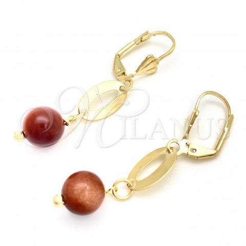 Oro Laminado Dangle Earring, Gold Filled Style Ball Design, with Brown Cubic Zirconia, Polished, Golden Finish, 02.02.0497.1