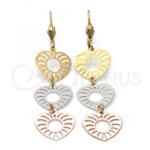 Oro Laminado Long Earring, Gold Filled Style Heart Design, Polished, Tricolor, 5.113.014