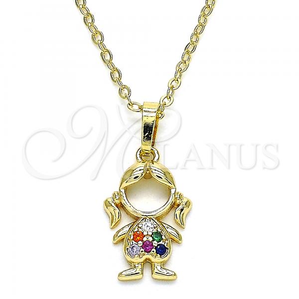 Oro Laminado Pendant Necklace, Gold Filled Style Little Girl Design, with Multicolor Micro Pave, Polished, Golden Finish, 04.210.0042.1.18