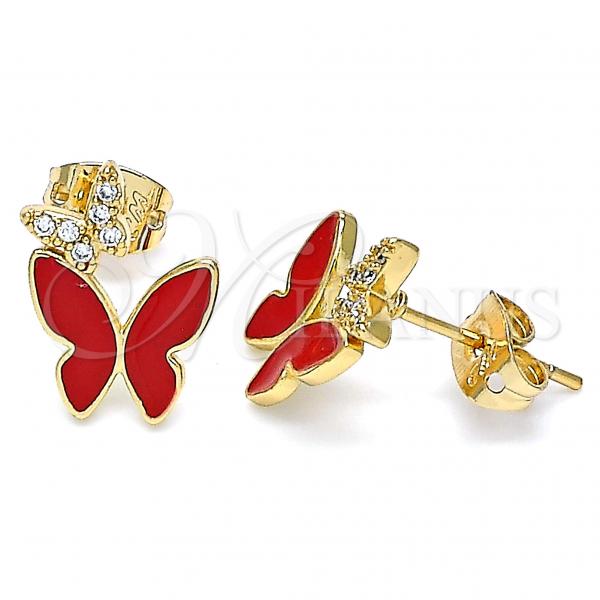 Oro Laminado Stud Earring, Gold Filled Style Butterfly Design, with White Micro Pave, Red Enamel Finish, Golden Finish, 02.213.0178.1