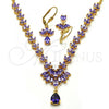 Oro Laminado Necklace and Earring, Gold Filled Style Teardrop and Leaf Design, with Amethyst and White Cubic Zirconia, Polished, Golden Finish, 06.236.0003.1