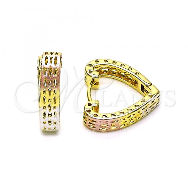 Oro Laminado Huggie Hoop, Gold Filled Style Heart Design, Polished, Tricolor, 02.26.0300