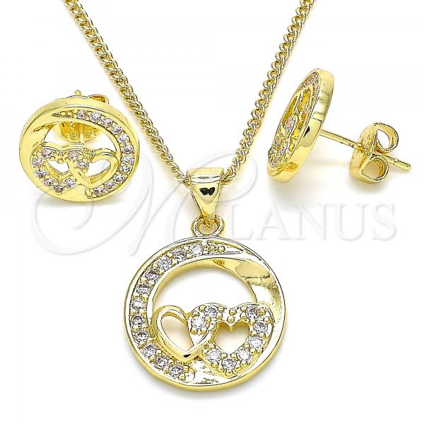 Oro Laminado Earring and Pendant Adult Set, Gold Filled Style Heart Design, with White Micro Pave, Polished, Golden Finish, 10.156.0269