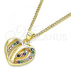 Oro Laminado Pendant Necklace, Gold Filled Style Heart Design, with Multicolor Micro Pave, Polished, Golden Finish, 04.94.0038.2.20