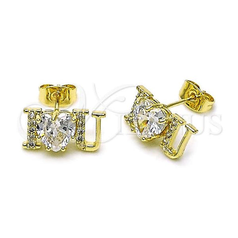 Oro Laminado Stud Earring, Gold Filled Style Love and Heart Design, with White Cubic Zirconia, Polished, Golden Finish, 02.411.0057