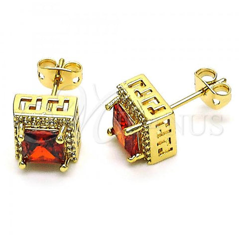 Oro Laminado Stud Earring, Gold Filled Style with Garnet Cubic Zirconia and White Micro Pave, Polished, Golden Finish, 02.342.0201.1