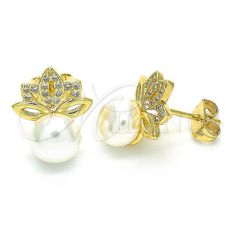 Oro Laminado Stud Earring, Gold Filled Style Leaf and Ball Design, with White Cubic Zirconia and Ivory Pearl, Polished, Golden Finish, 02.156.0341