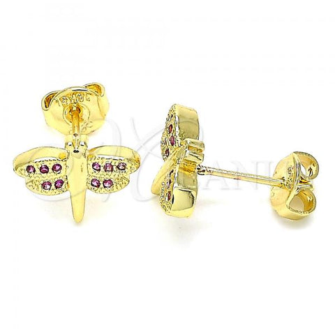 Oro Laminado Stud Earring, Gold Filled Style Dragon-Fly Design, with Ruby Micro Pave, Polished, Golden Finish, 02.156.0470.1