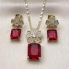 Oro Laminado Earring and Pendant Adult Set, Gold Filled Style Flower Design, with Garnet Cubic Zirconia and White Micro Pave, Polished, Golden Finish, 10.196.0190.4