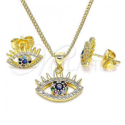 Oro Laminado Earring and Pendant Adult Set, Gold Filled Style Evil Eye Design, with Sapphire Blue Cubic Zirconia and Multicolor Micro Pave, Polished, Golden Finish, 10.156.0400