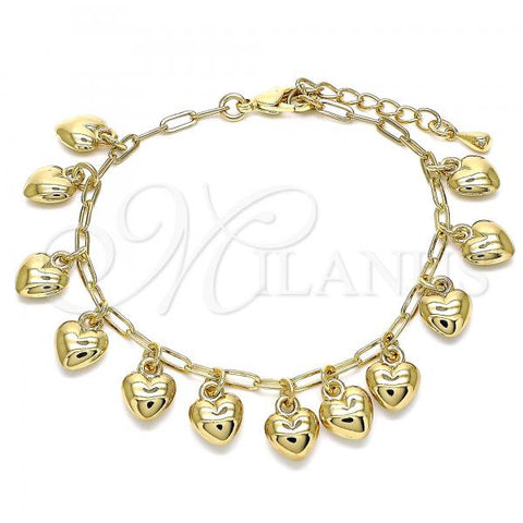 Oro Laminado Charm Bracelet, Gold Filled Style Heart and Paperclip Design, Polished, Golden Finish, 03.372.0019.08