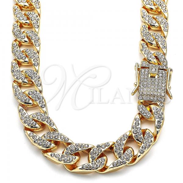 Oro Laminado Basic Necklace, Gold Filled Style Curb Design, with White Crystal, Polished, Golden Finish, 03.372.0002.18