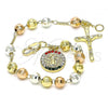 Oro Laminado Charm Bracelet, Gold Filled Style San Benito and Crucifix Design, with Multicolor Crystal, Diamond Cutting Finish, Tricolor, 03.380.0116.1.08