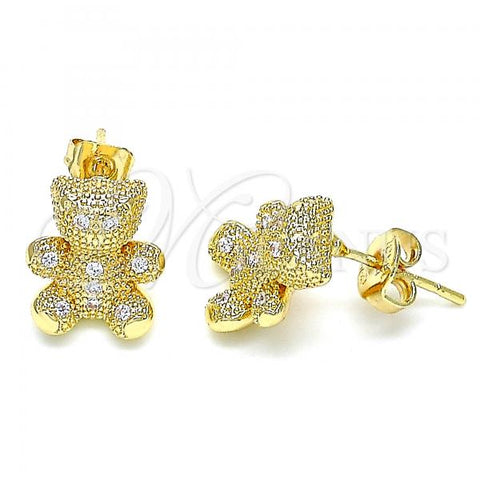 Oro Laminado Stud Earring, Gold Filled Style Teddy Bear Design, with White Micro Pave, Polished, Golden Finish, 02.156.0432
