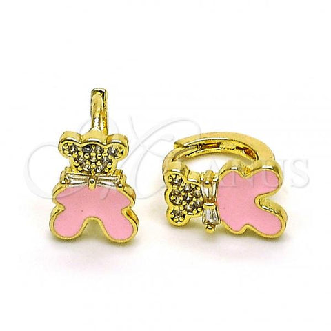 Oro Laminado Huggie Hoop, Gold Filled Style Teddy Bear Design, with White Micro Pave and White Cubic Zirconia, Pink Enamel Finish, Golden Finish, 02.210.0788.10