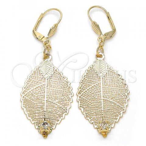 Oro Laminado Dangle Earring, Gold Filled Style Leaf and Filigree Design, with White Crystal, Diamond Cutting Finish, Golden Finish, 68.004