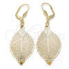 Oro Laminado Dangle Earring, Gold Filled Style Leaf and Filigree Design, with White Crystal, Diamond Cutting Finish, Golden Finish, 68.004