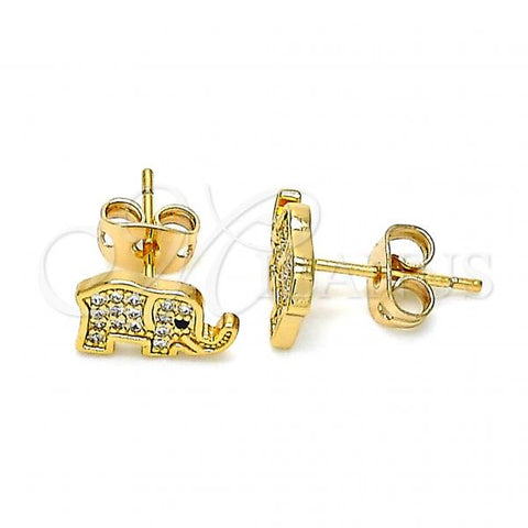 Oro Laminado Stud Earring, Gold Filled Style Elephant Design, with White and Black Micro Pave, Polished, Golden Finish, 02.213.0306
