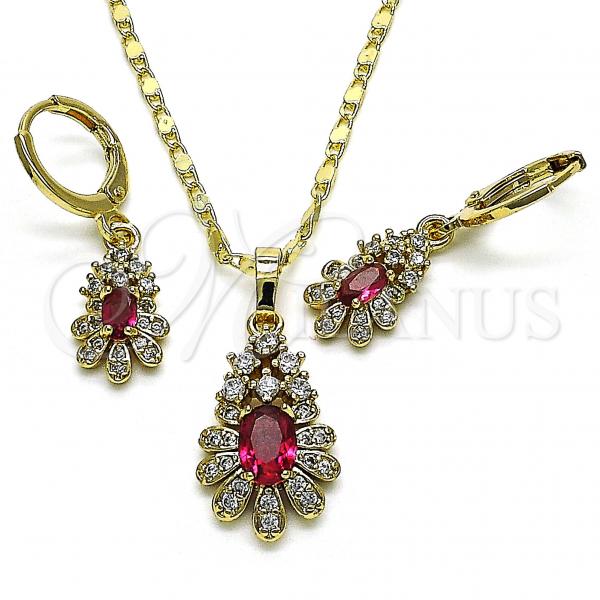 Oro Laminado Earring and Pendant Adult Set, Gold Filled Style Teardrop and Flower Design, with Ruby Cubic Zirconia and White Micro Pave, Polished, Golden Finish, 10.196.0017