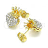 Oro Laminado Stud Earring, Gold Filled Style Heart and Crown Design, with White Crystal, Polished, Golden Finish, 02.63.2708