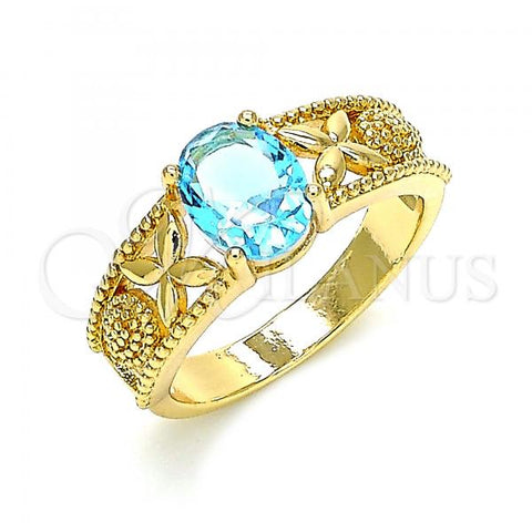 Oro Laminado Multi Stone Ring, Gold Filled Style Butterfly and Teardrop Design, with Blue Topaz Cubic Zirconia, Polished, Golden Finish, 01.284.0041.08