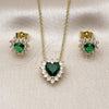 Oro Laminado Earring and Pendant Adult Set, Gold Filled Style Heart and Cluster Design, with Green and White Cubic Zirconia, Polished, Golden Finish, 10.156.0516