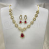 Oro Laminado Necklace and Earring, Gold Filled Style Teardrop and Flower Design, with Garnet and White Cubic Zirconia, Polished, Golden Finish, 06.205.0024.1