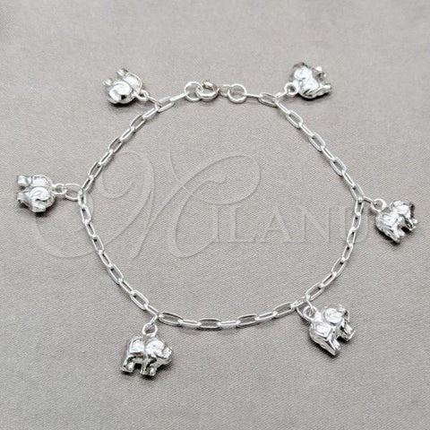 Sterling Silver Fancy Bracelet, Elephant and Paperclip Design, Polished, Silver Finish, 03.409.0135.07