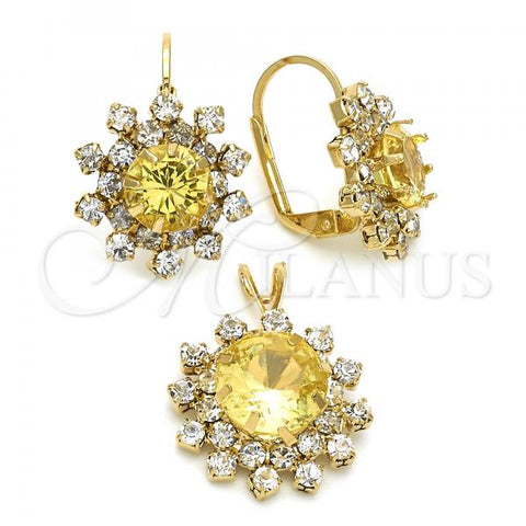 Oro Laminado Earring and Pendant Adult Set, Gold Filled Style Flower Design, with Light Yellow and White Cubic Zirconia, Polished, Golden Finish, 5.057.002.1