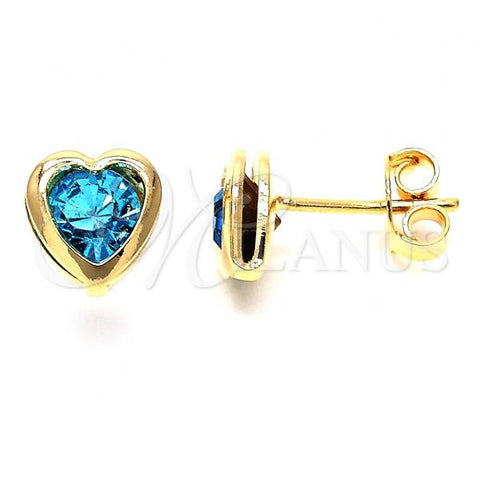 Oro Laminado Stud Earring, Gold Filled Style Heart and Love Design, with Sapphire Blue Crystal, Polished, Golden Finish, 02.09.0097.1