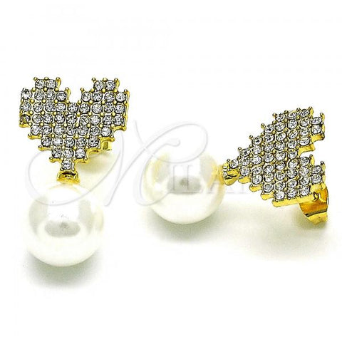 Oro Laminado Stud Earring, Gold Filled Style Heart Design, with Ivory Pearl and Crystal Crystal, Polished, Golden Finish, 02.379.0024