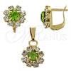 Oro Laminado Earring and Pendant Adult Set, Gold Filled Style Flower Design, with Light Green and White Cubic Zirconia, Polished, Golden Finish, 10.150.0033.5