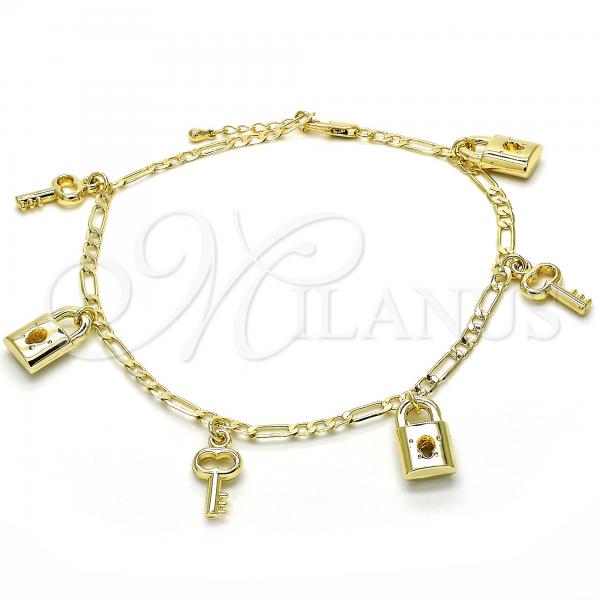 Oro Laminado Charm Anklet , Gold Filled Style Lock and key Design, Polished, Golden Finish, 03.63.2021.10