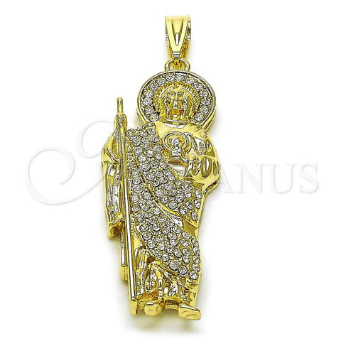 Oro Laminado Religious Pendant, Gold Filled Style San Judas Design, with White Crystal, Polished, Golden Finish, 05.411.0061