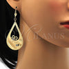 Oro Laminado Dangle Earring, Gold Filled Style Flower and Teardrop Design, with White Crystal, Diamond Cutting Finish, Golden Finish, 81.011