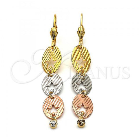 Oro Laminado Long Earring, Gold Filled Style Star Design, with White Cubic Zirconia, Diamond Cutting Finish, Tricolor, 5.091.001