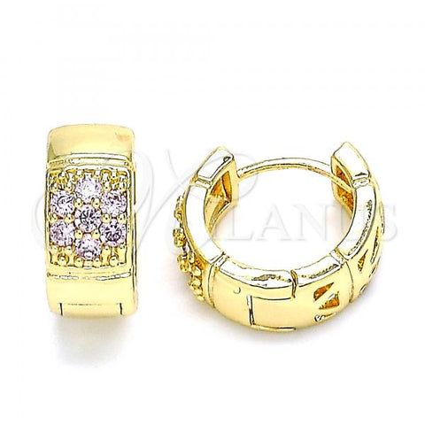 Oro Laminado Huggie Hoop, Gold Filled Style Flower Design, with Pink Cubic Zirconia, Polished, Golden Finish, 02.210.0660.15