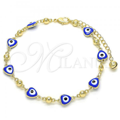 Oro Laminado Fancy Anklet, Gold Filled Style Evil Eye and Heart Design, Blue Enamel Finish, Golden Finish, 03.213.0037.2.10