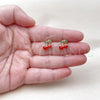 Oro Laminado Stud Earring, Gold Filled Style Cherry and Heart Design, Red Enamel Finish, Golden Finish, 02.417.0009