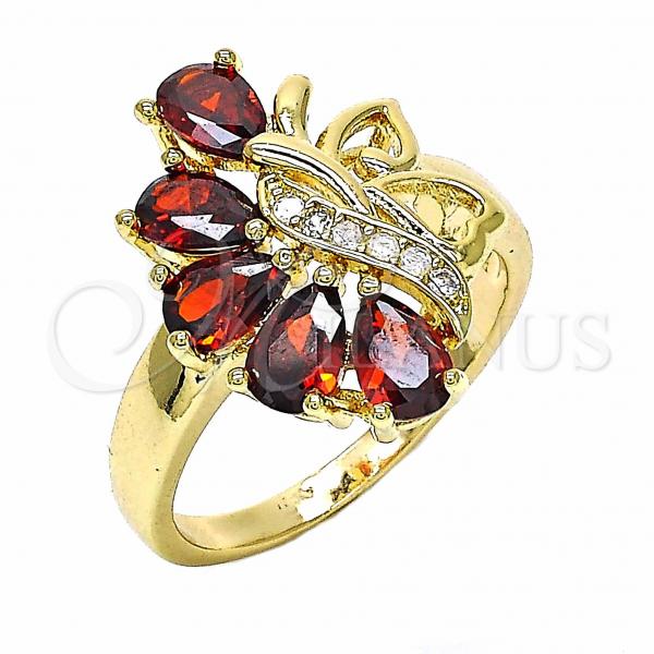 Oro Laminado Multi Stone Ring, Gold Filled Style Teardrop and Heart Design, with Garnet and White Cubic Zirconia, Polished, Golden Finish, 01.283.0013.08 (Size 8)