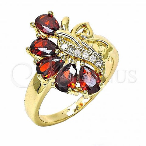 Oro Laminado Multi Stone Ring, Gold Filled Style Teardrop and Heart Design, with Garnet and White Cubic Zirconia, Polished, Golden Finish, 01.283.0013.08 (Size 8)