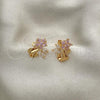 Oro Laminado Stud Earring, Gold Filled Style Flower and Leaf Design, with Pink and White Cubic Zirconia, Polished, Golden Finish, 02.387.0014